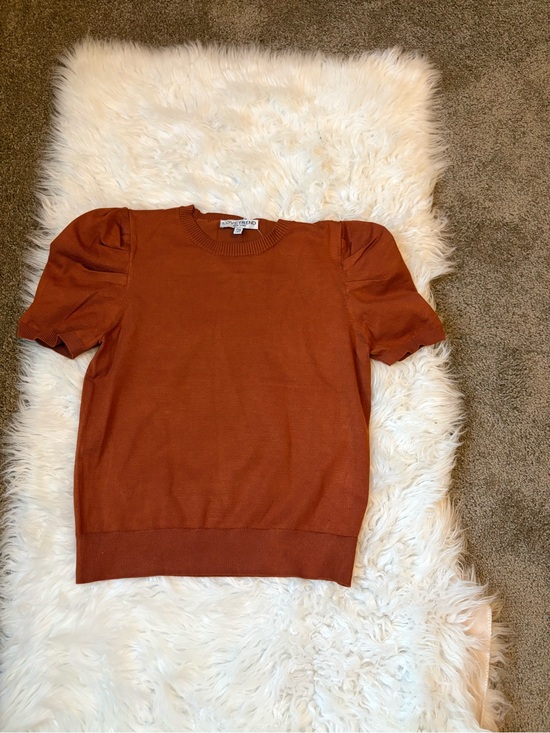 Love Trend New York Tops - Rust Brown Knit Top Puff Sleeve Gold Shoulder Details